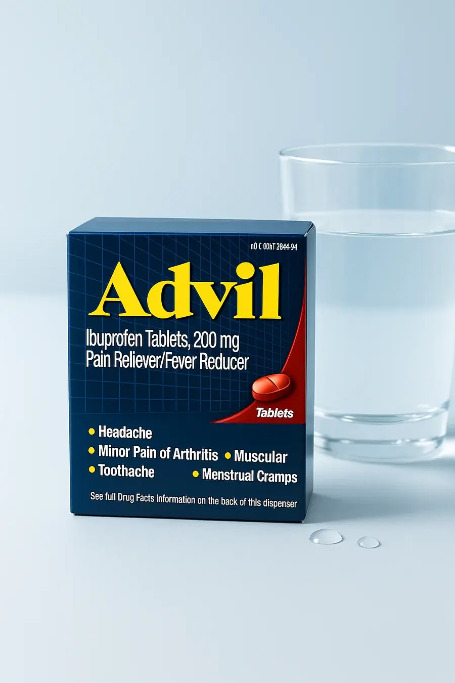 Advil box with a glass of water on a clean cool-toned background