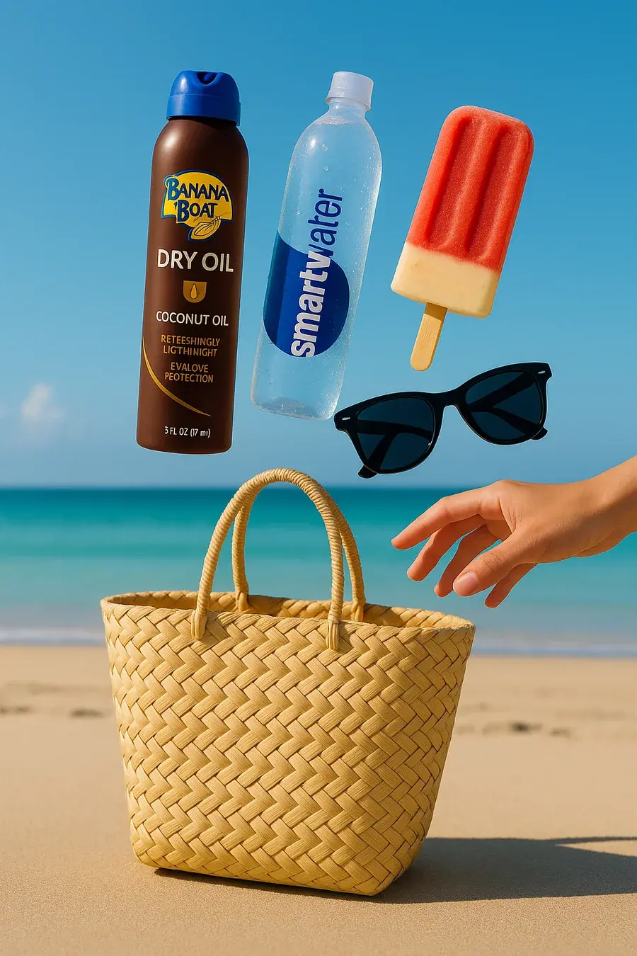 A beach kit with Banana Boat sunscreen, smartwater, a paleta and sunglasses