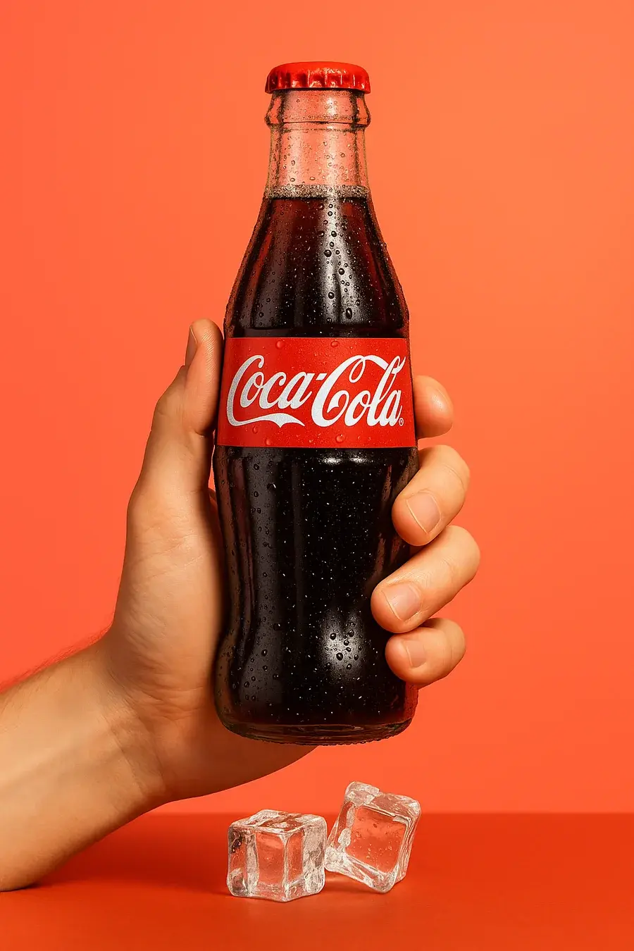 Ice cold Coca-Cola glass bottle held in hand on a coral background
