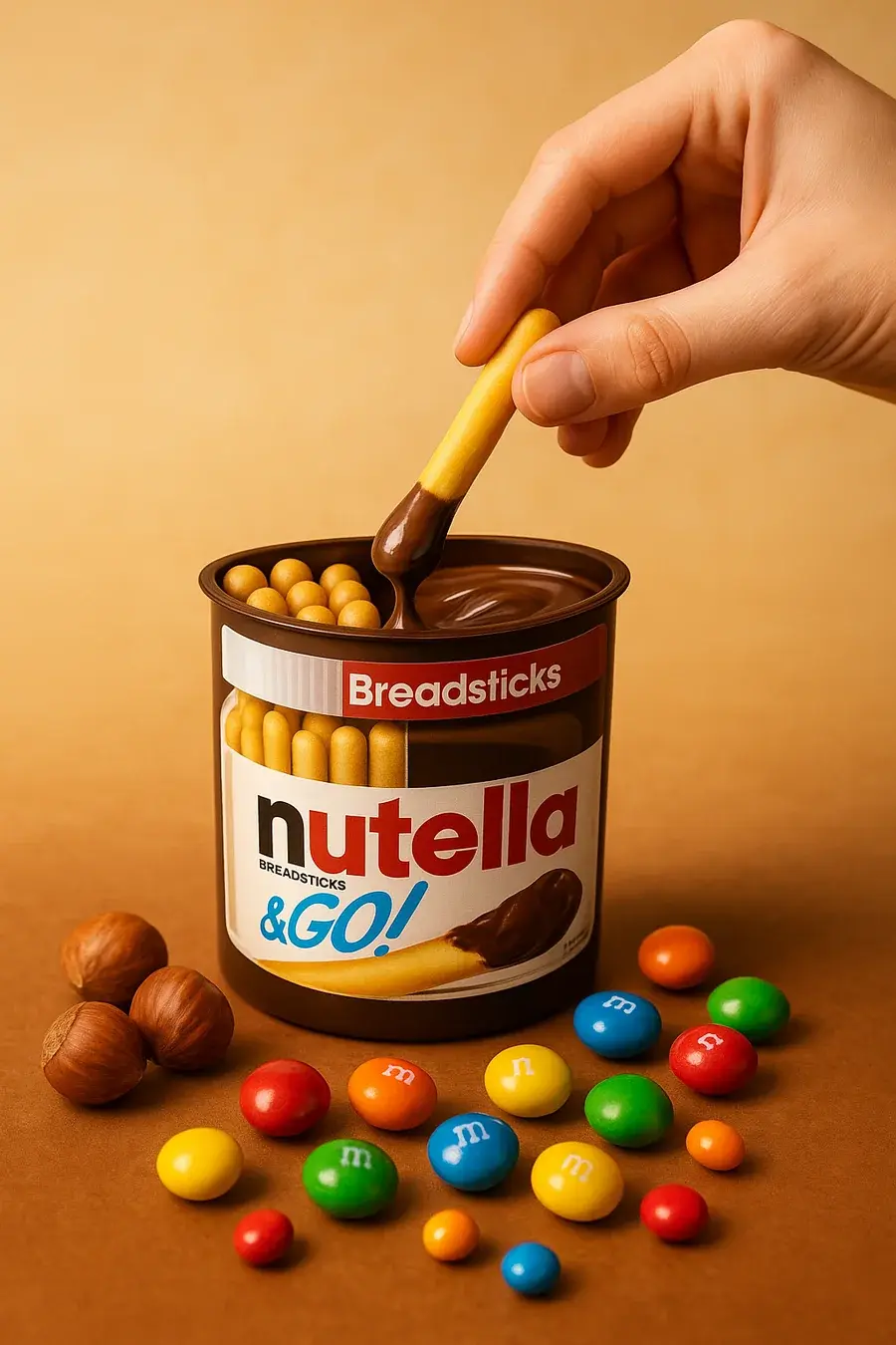 Nutella and GO with a breadstick and colorful M&Ms
