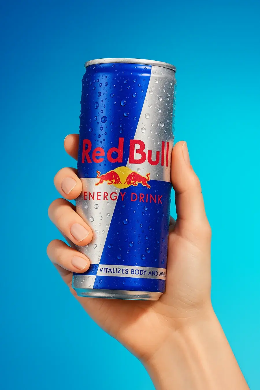 Ice cold Red Bull can held in hand on an electric blue background