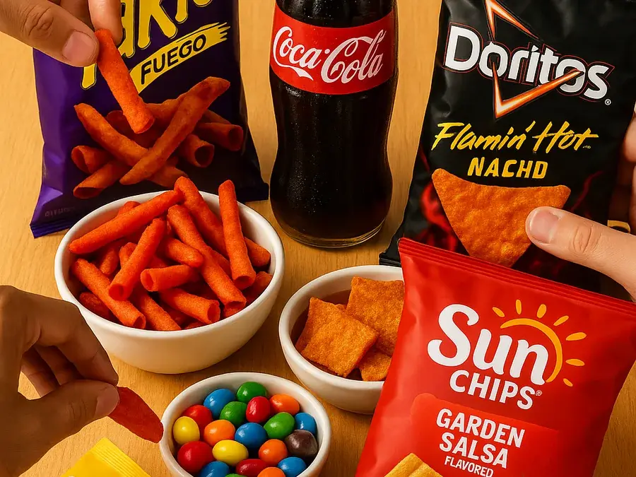 A spread of Takis, Doritos, SunChips, M&Ms and a Coca-Cola