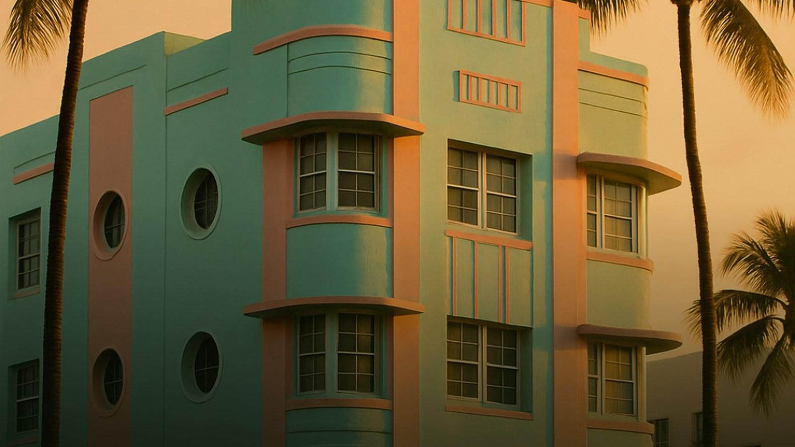 Pastel Art Deco hotel facades along Ocean Drive in warm light
