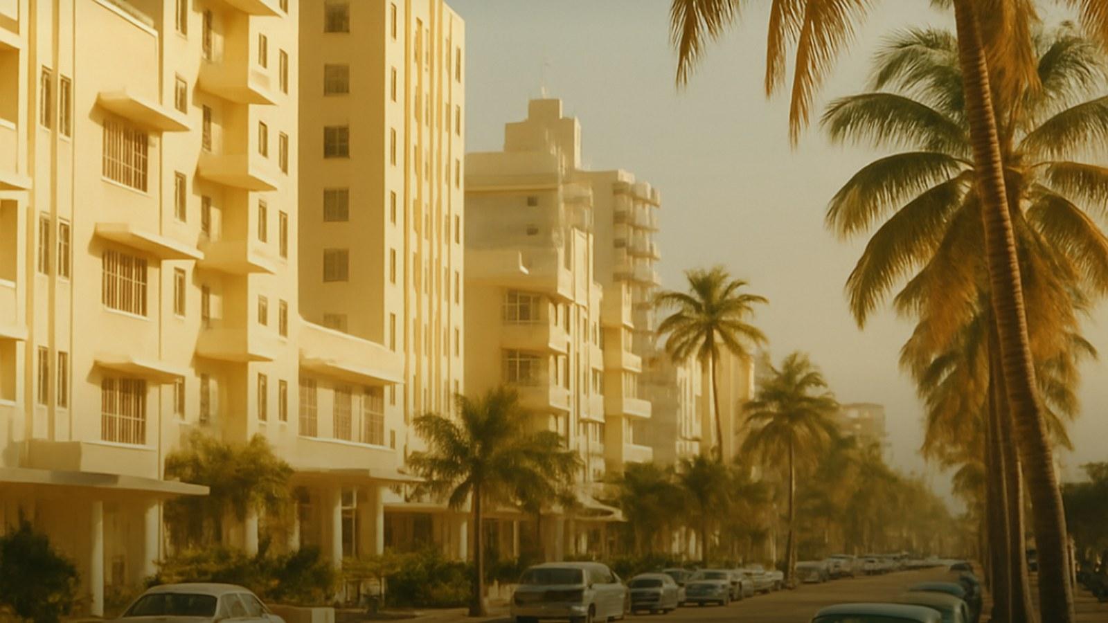Golden light on a mid-century Collins Avenue hotel facade in Miami Beach