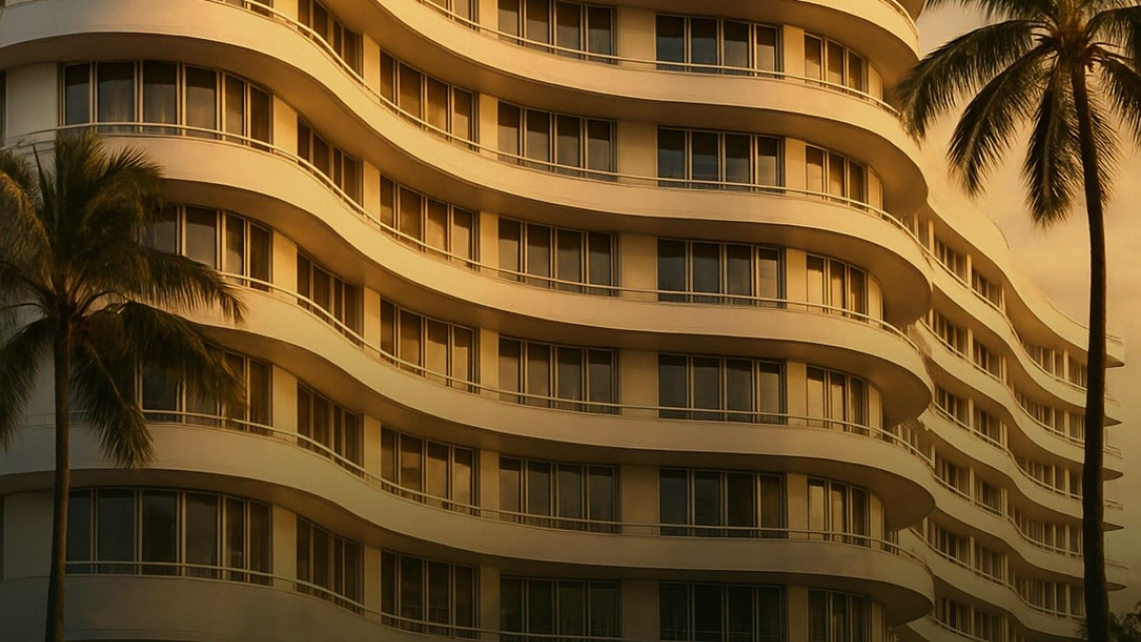 Two mid-century Collins Avenue hotel facades in warm afternoon light