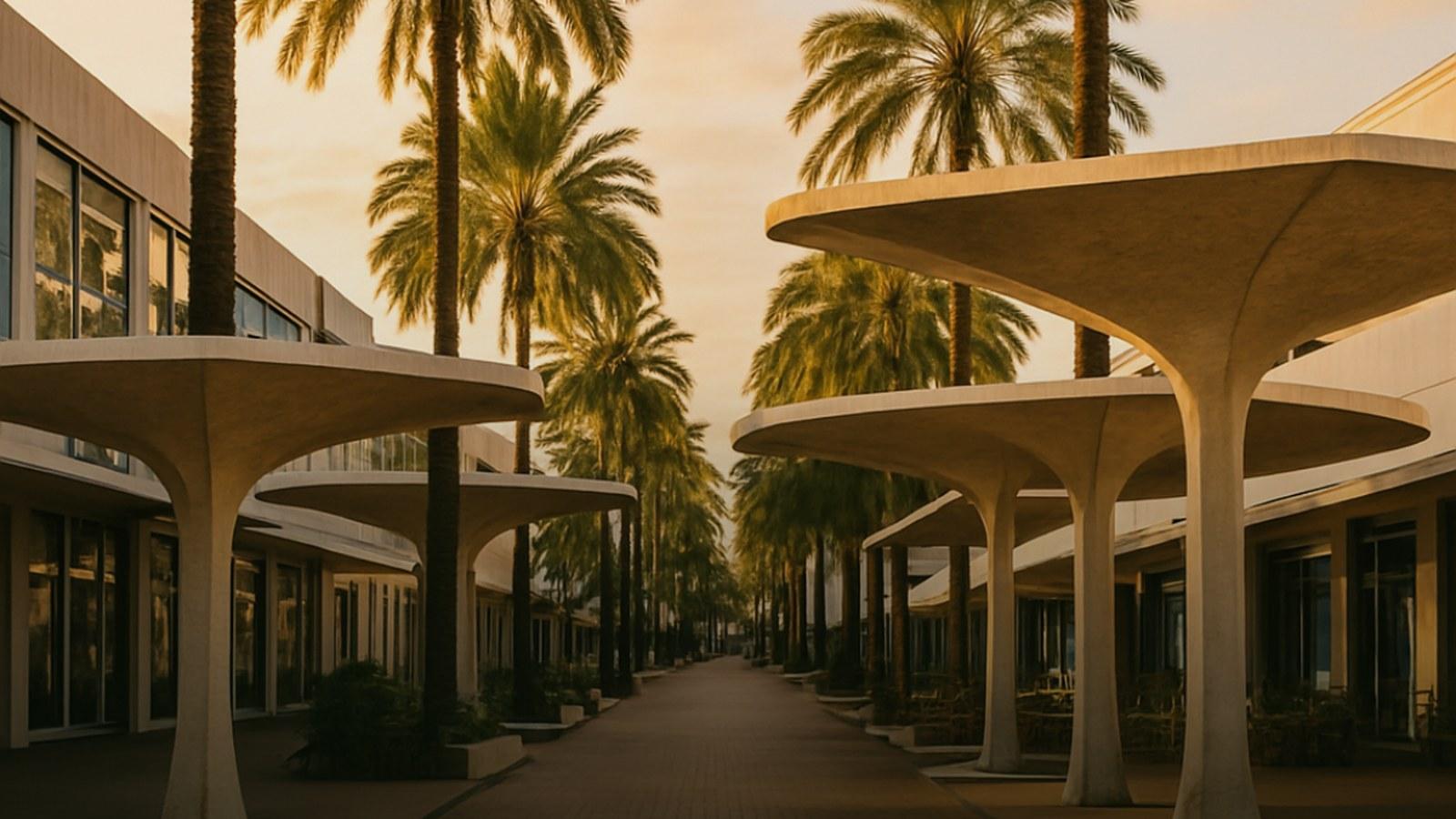 Golden hour light along a Miami Beach pedestrian promenade