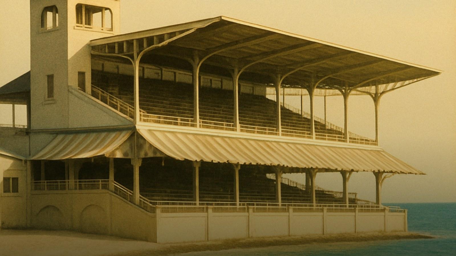 Vintage hand tinted postcard view of a seaside grandstand at the southern tip of Miami Beach
