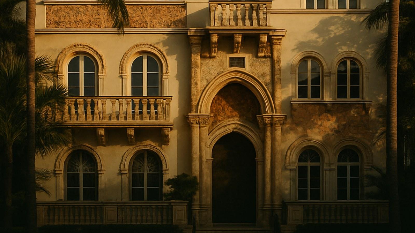 Ornate Mediterranean facade on Ocean Drive, Miami Beach, in golden light