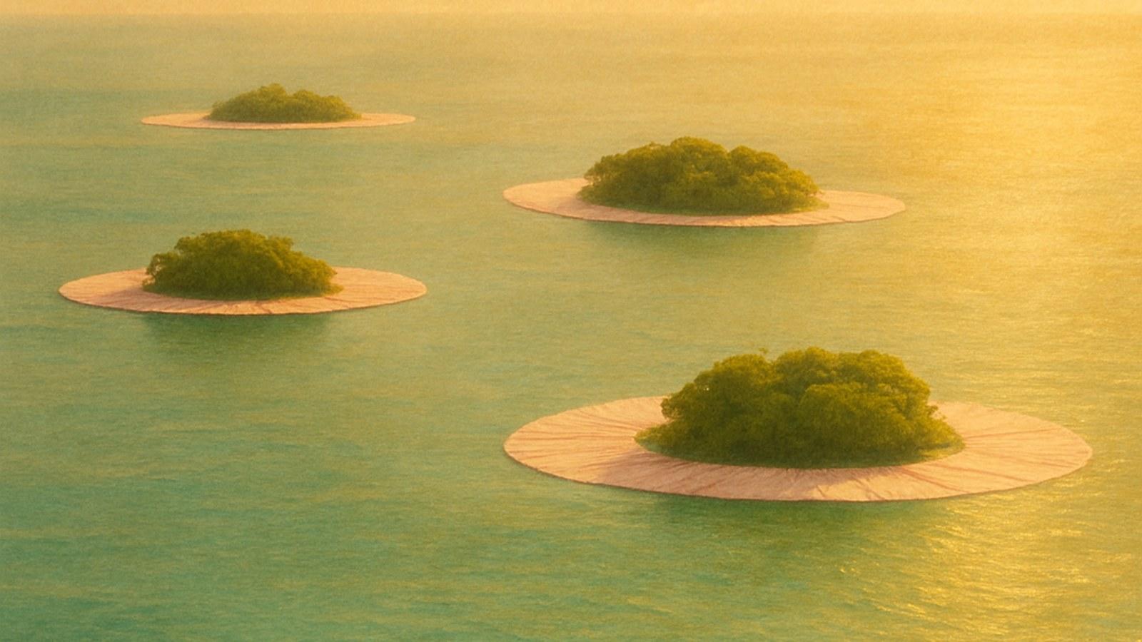 Aerial view of green islands in Biscayne Bay ringed by floating pink fabric, golden light
