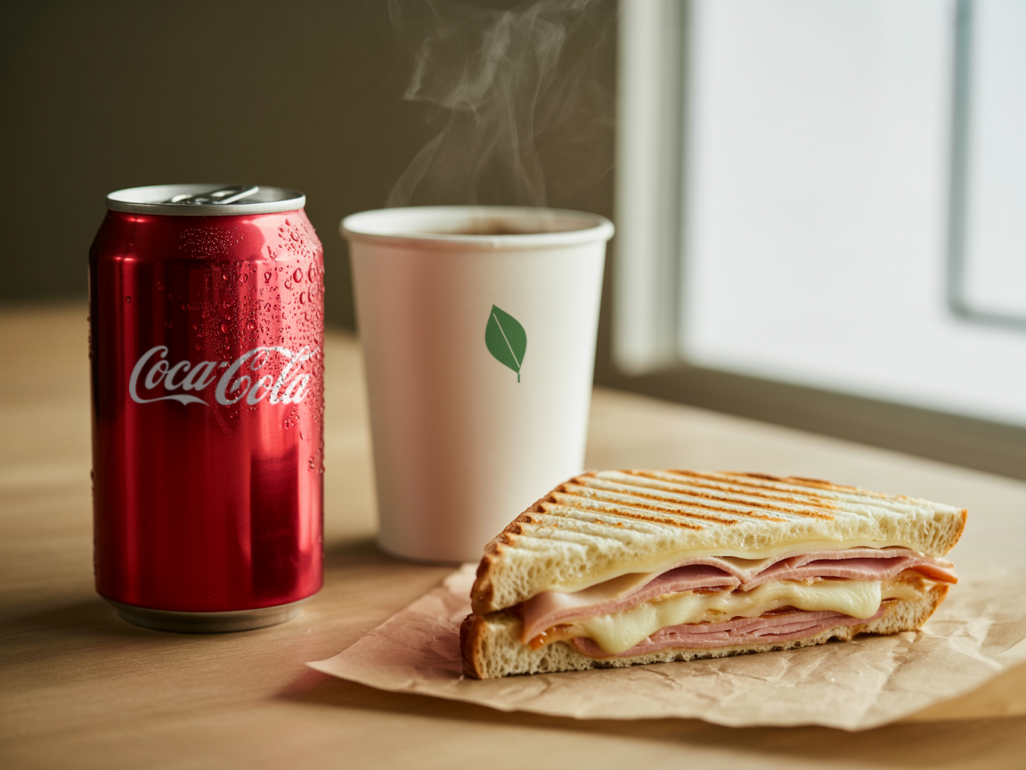 Ham and cheese panini combo with a Coca-Cola and a coffee