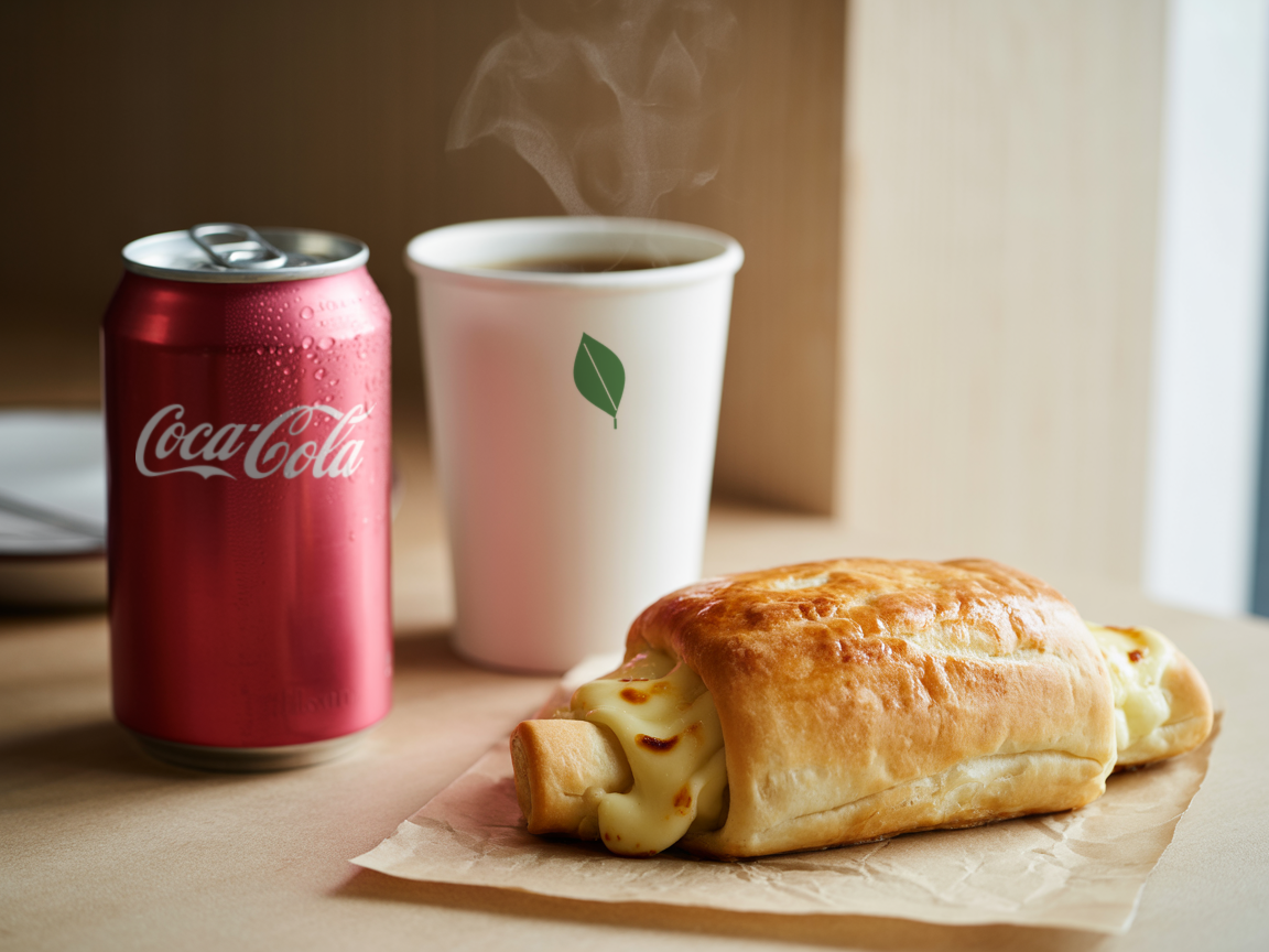 Cheese cachito combo with a Coca-Cola and a leaf stamped coffee cup
