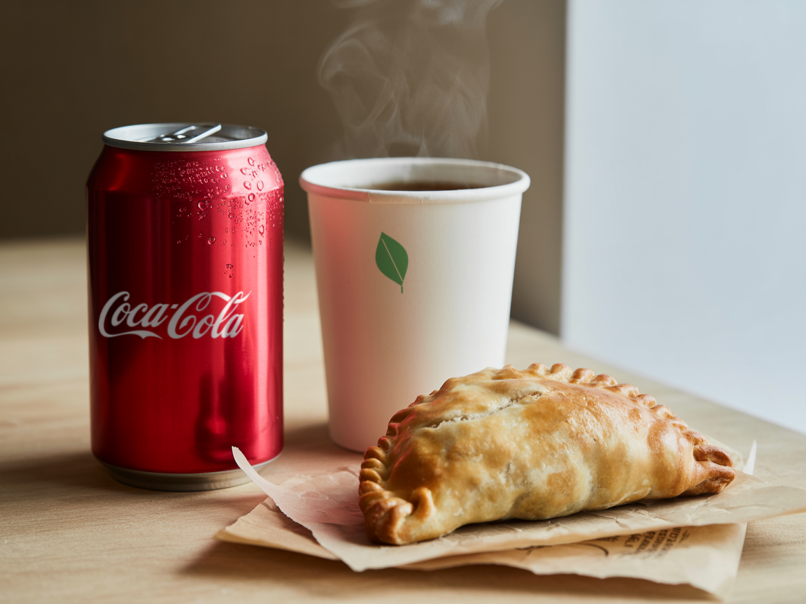 Empanada combo with an ice cold Coca-Cola and a Green Market coffee