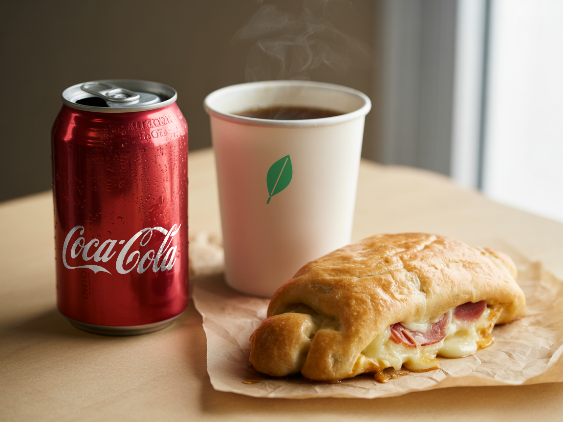 Ham and cheese cachito combo with a Coca-Cola and a coffee